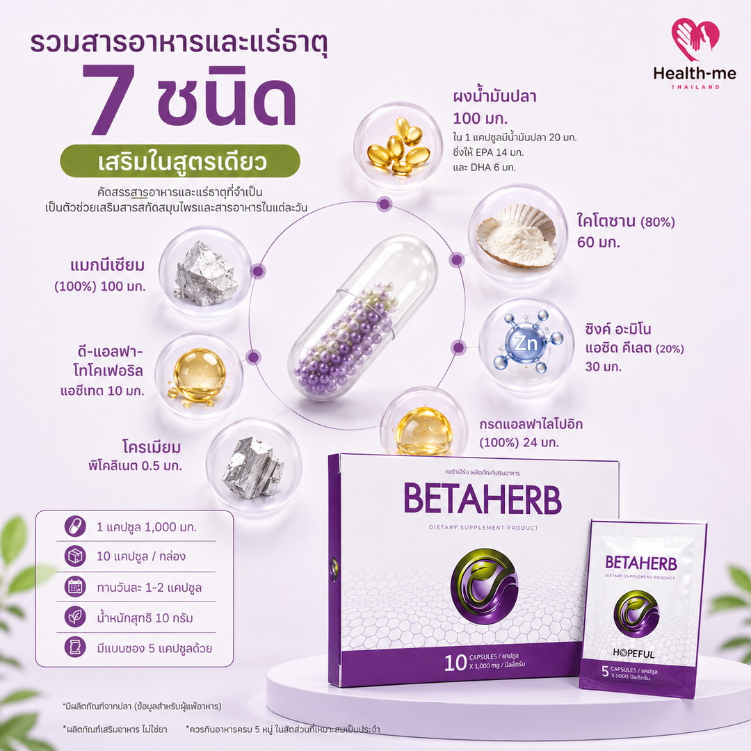 ผงน้ำมันปลา แมกนีเซียม ซิงค์ และวิตามินในสูตร BETAHERB