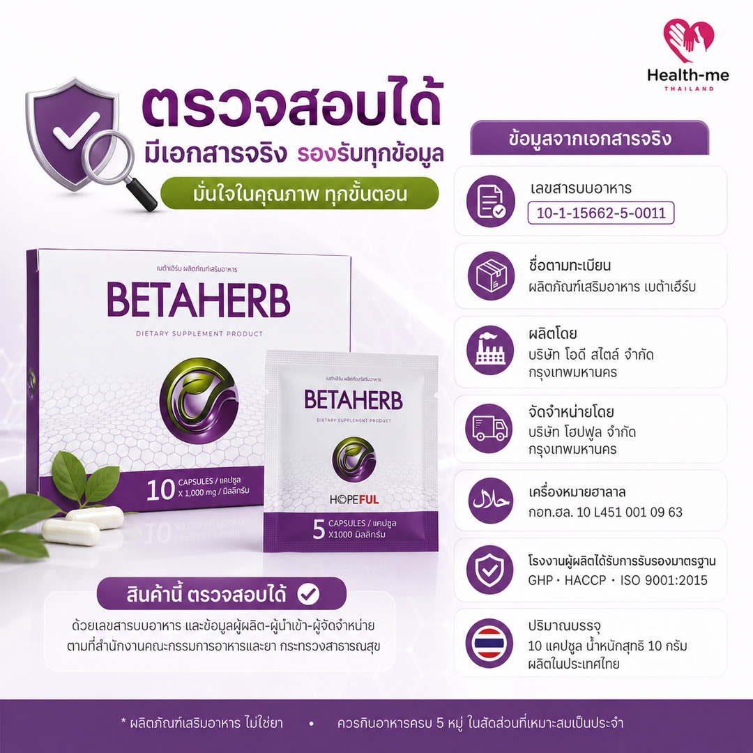 ข้อมูลผู้ผลิตและเลขสารบบอาหารของ BETAHERB