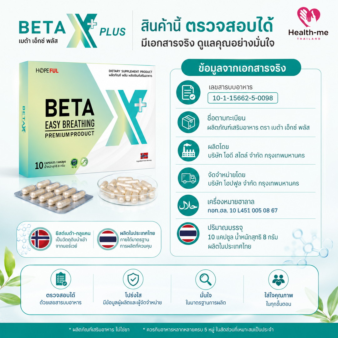ข้อมูลผู้ผลิตและเลขสารบบอาหารของ BETA X PLUS
