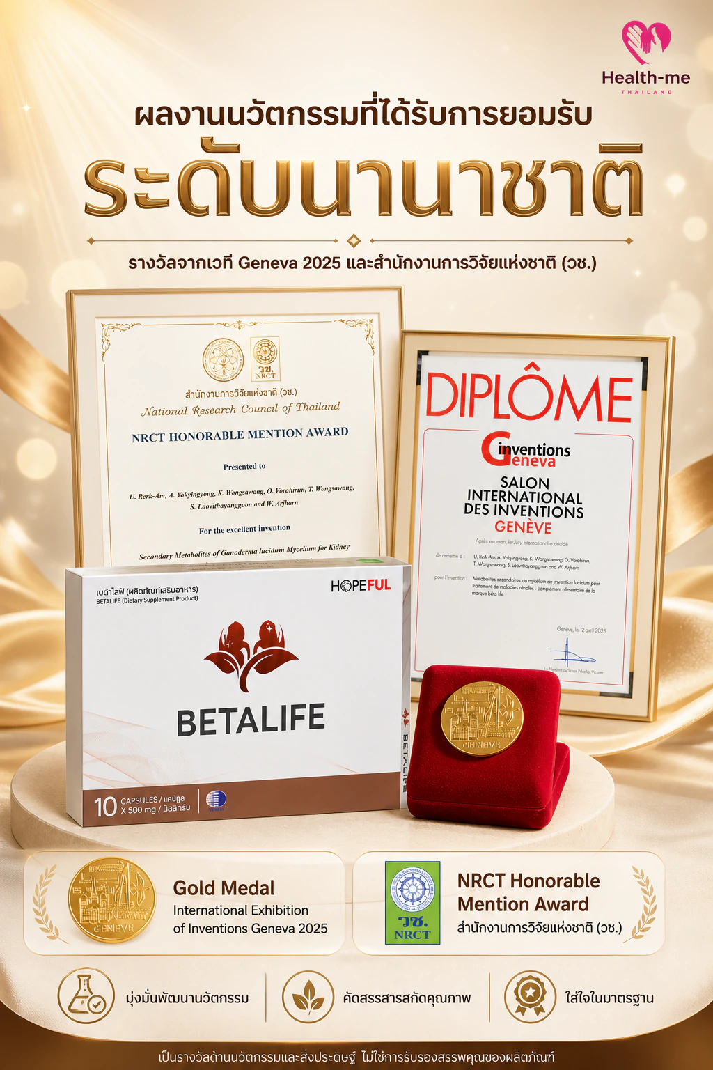 โปสเตอร์ BETA LIFE รางวัลเหรียญทอง Geneva 2025 และรางวัลจากสำนักงานการวิจัยแห่งชาติ