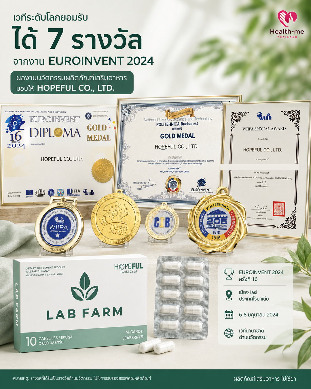 เหรียญทองและใบประกาศ EUROINVENT 2024 ของผลงาน LAB FARM